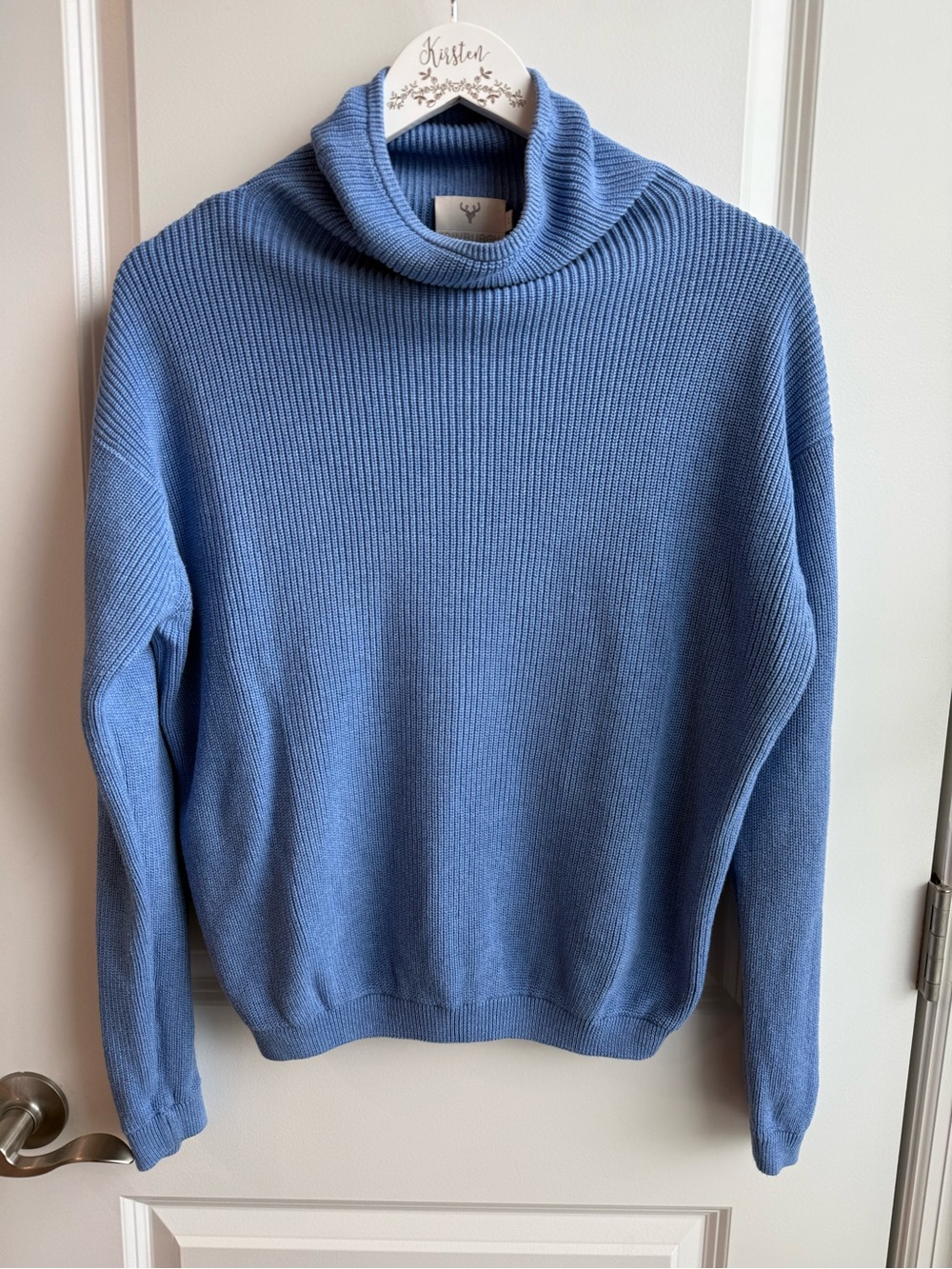 Edinburgh Knitwear Blue Pima Cotton Turtleneck Sweater Fisherman Coastal Medium